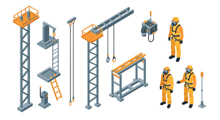 Isometric construction equipment and workers in protective gear