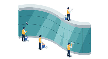 Isometric cleaning crew professionals washing curved glass building façade