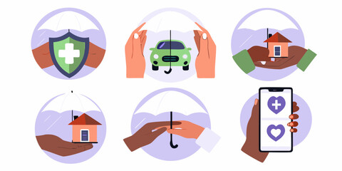 Diverse hands holding umbrellas protecting various assets and digital health icons representing insurance and security