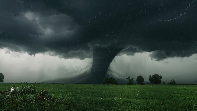 Black tornado funnel descending over open field, erosion risk