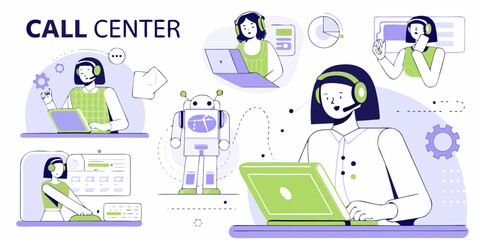 Call center agents and robot working together with laptops and headsets for customer service