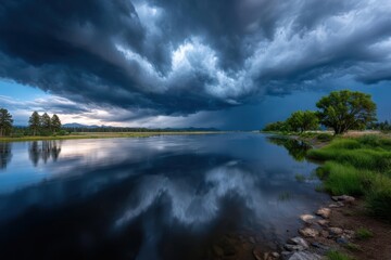 Fototapeta premium Dark storm clouds reflecting over calm river waters under a moody sky in nature's tranquility