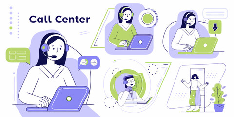 Call center team providing customer support and technical assistance with laptops and headsets
