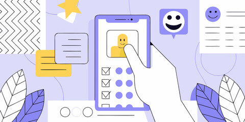 Hand holding smartphone with profile picture and checklist graphic elements and abstract shapes