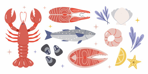Collection of delicious seafood and fish illustrations with decorative elements