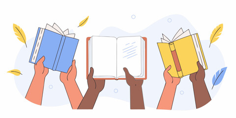 Diverse hands holding open books symbolizing knowledge sharing and education