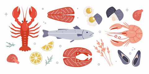 Collection of fresh seafood and fish illustrations with lemon and herbs