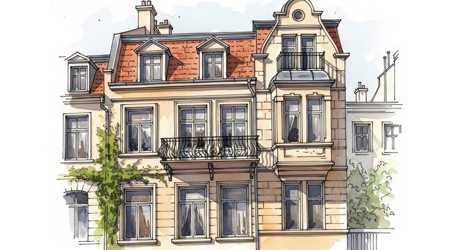 Illustration of a multi-story building with a red tile roof.