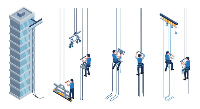 Isometric urban window cleaning scene with workers on platforms and ropes