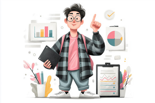 Early-career growth: Ambitious intern with backpack gestures a point while colorful panels display progress bars, goals and early career momentum. 