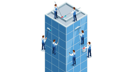 Team of workers cleaning a tall office building in isometric style