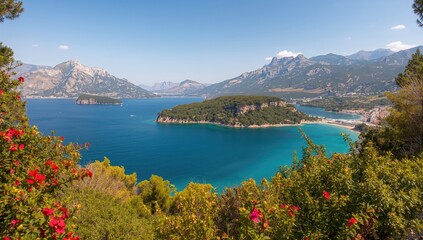 Obraz premium Panoramic view of the Adriatic Sea featuring islands and pine-clad mountains near a coastal area, seasonal change