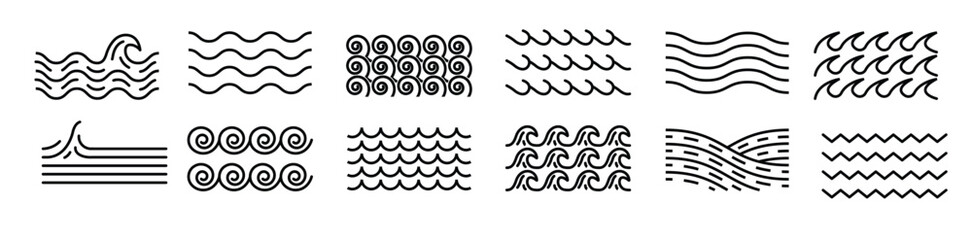 Set Bundle of Minimalist Waves Logo Icon Line Art Vector Design Illustration