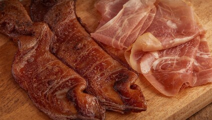 Artisanal smoked bacon and prosciutto resting on beech wood, processed meat risk