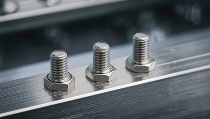 Close-up of four shiny silver bolts on a metallic surface, emphasizing precision and meticulous detail