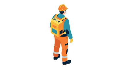 Fototapeta premium Construction worker with backpack in uniform and safety gear isometric design