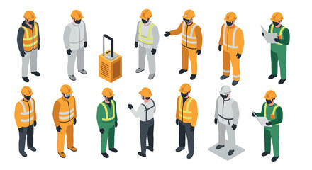 Diverse construction workers in safety gear on white background