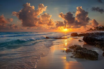 Serene beach landscape at sunset, with vibrant clouds reflecting on calm ocean waves, golden sand shoreline, and rocky formations creating a tranquil coastal atmosphere
