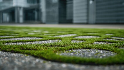Naklejka premium A concrete floor adorned with vibrant green moss, showcasing the beauty of nature's reclamation