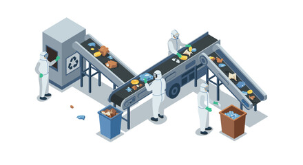 Fototapeta premium Isometric recycling facility with workers sorting waste on conveyors
