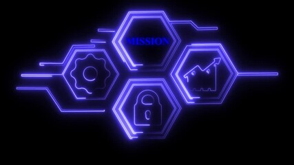 neon glowing futuristic digital interface with security lock gears and growth chart icons on dark background representing technology innovation and data analysis - Powered by Adobe