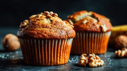 Freshly Baked Muffins with Walnuts on a Dark Rustic Background Perfect for Delicious Dessert and Snack Ideas