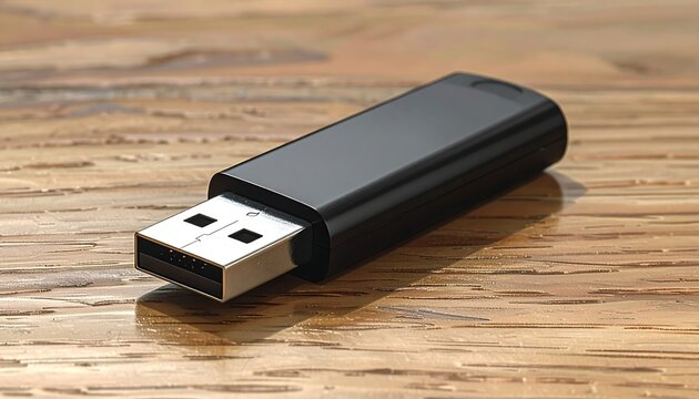 Black rectangular data storage device on wooden surface