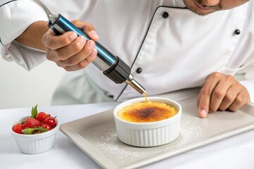 Chef using a blowtorch to caramelize the sugar on top of a crme brle dessert