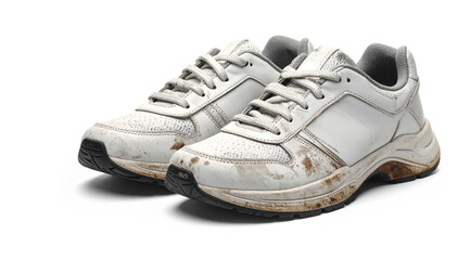 Pair of dirty white athletic shoes with mud stains