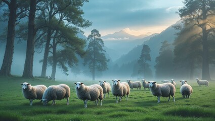 Fototapeta premium A flock of sheep grazing peacefully in a misty meadow near the mountains