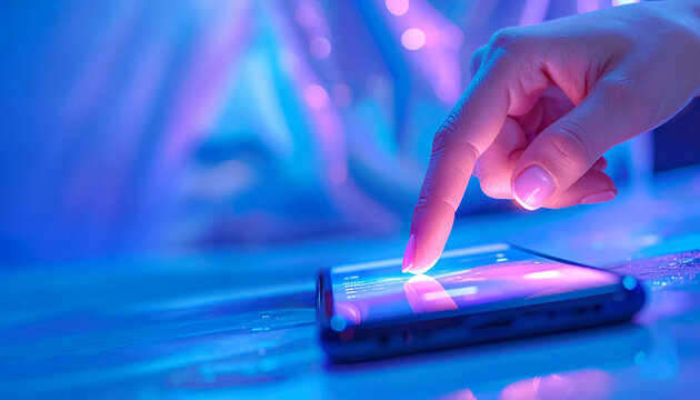 Female hand touching smartphone screen with futuristic interface