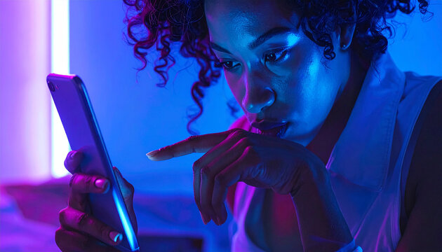 Woman browsing smartphone with neon blue purple light
