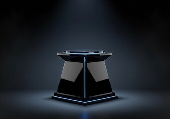 Sleek, black glossy pedestal with neon blue light accents in a dark, dramatic setting