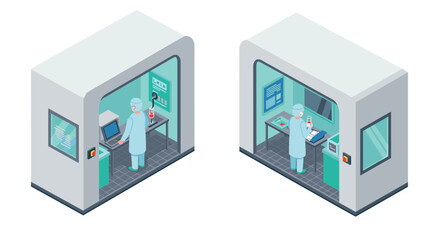 Isometric lab room with scientist using computer and analyzing data