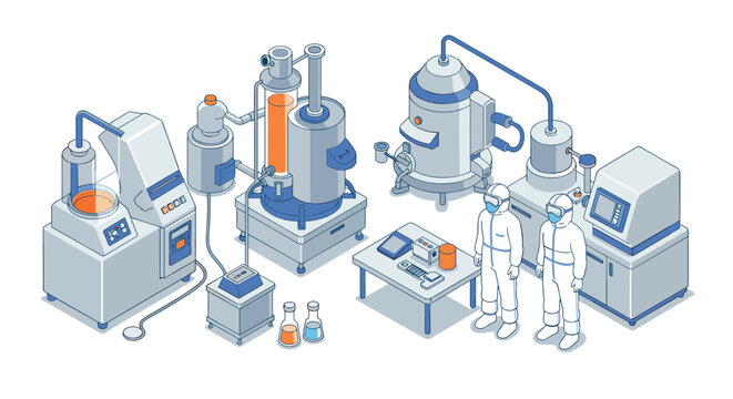 Modern isometric laboratory equipment and scientists in a research facility
