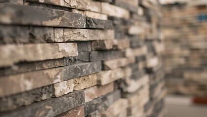 Detailed view of stone veneer samples displayed on a wall, suitable for construction and design projects