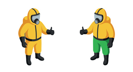 Obraz premium Isometric characters in protective suits with thumbs up gesture