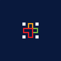Colorful block pattern with pixelated corners on dark blue background