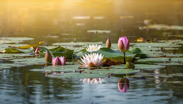 A Stunning Lotus Flower Garden in Full Bloom - Powered by Adobe