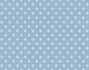 Fototapeta premium A simple, repeating pattern of small white daisy-like flowers and tiny dots on a light blue background