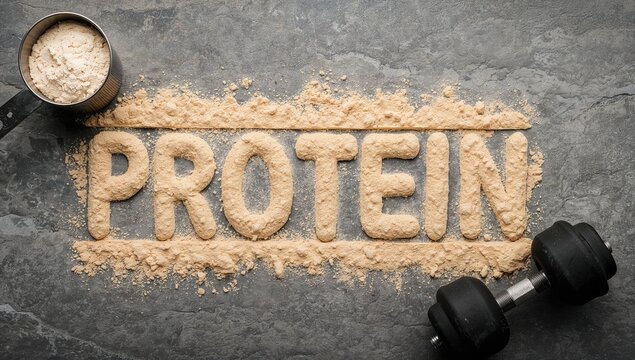 Whey protein powder arranged to spell 'Protein' on a gray stone surface alongside a measuring scoop and weights for exercise
