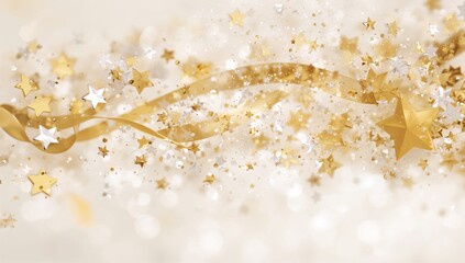 Gold ribbons, star shapes, and crystal confetti, festive theme with available space for text