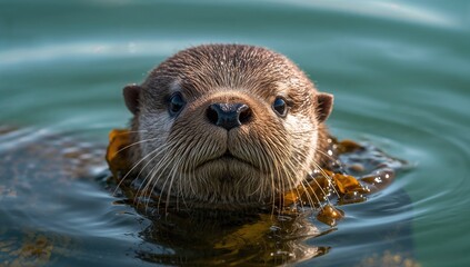 Fototapeta premium Closeup of young sea otter floating in ocean, displaying curiosity and playfulness