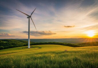 Obraz premium Single wind turbine standing on a grassy hill illuminated by the setting sun