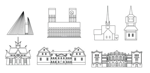 set of Norway famous landmarks by silhouette outline style