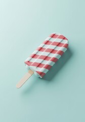 Striped ice cream popsicle with red and white candy cane pattern on pastel blue background