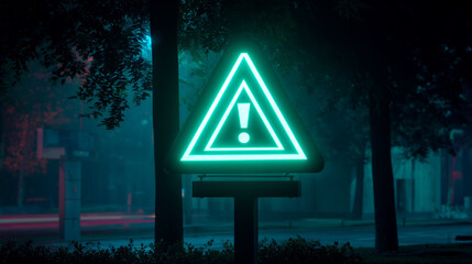 Glowing triangular alert sign in a moody nighttime street scene, conveying urgency, hazard awareness and safety signaling in public or industrial environments