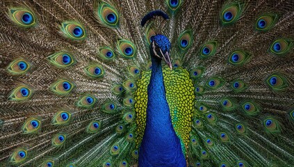 Obraz premium Vibrant peacock showcasing its iridescent feathers adorned with intricate eye patterns, a symbol of grace and beauty
