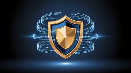 Secure your digital world with this dynamic golden shield and glowing blue network protection, symbolizing robust cybersecurity and data integrity.