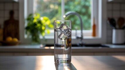 Tall glass of water with ice cubes on a kitchen counter with a sink and window drink beverage